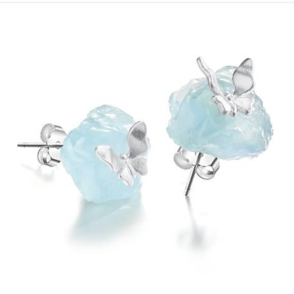 White Gold Aquamarine Blue Stone Raw Crystal Butterfly Mini Earrings for her - Picture 4 of 6